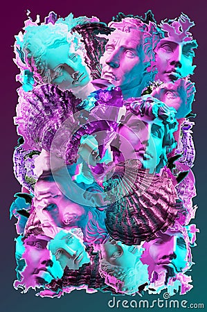 Modern creative background with ancient statue head and sea shells. Collage with sculpture of human face and seashells Stock Photo