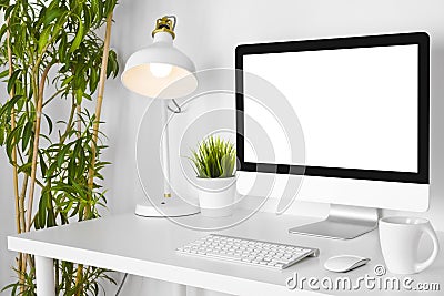 Modern creative designer workplace with desk computer on white table Stock Photo