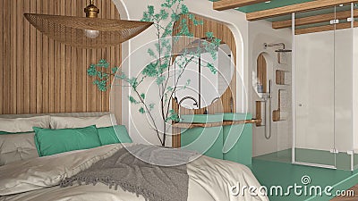 Modern creative turquoise and wooden bedroom with bathroom, open space with parquet and concrete floor. Roof beams, large shower, Stock Photo