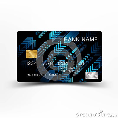 Modern credit card template design. With inspiration from the line abstract. Blue and black color on gray background illustration. Vector Illustration