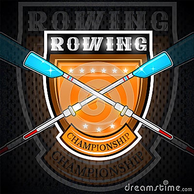 Modern cross oars for rowing in center of shield isolated on white. Sport logo for any team Vector Illustration