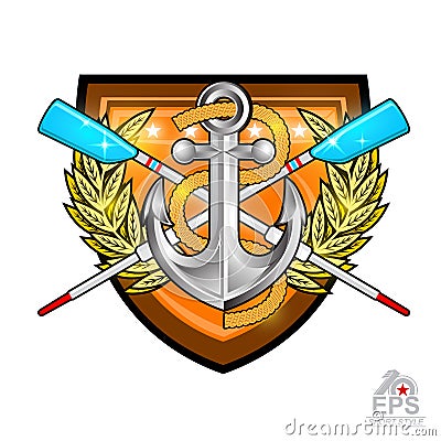 Modern crossed oars for rowing with anchor in the middle of golden laurel wreath on the shield on white. Sport logo for any team o Vector Illustration