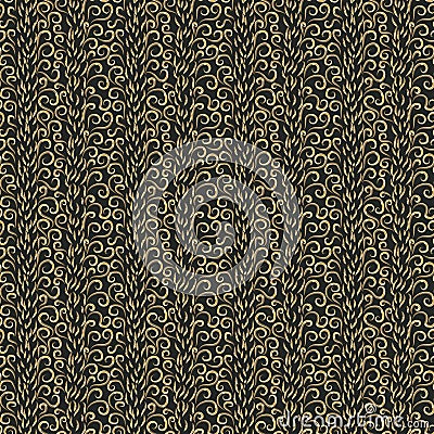 Modern curved vector seamless pattern. Abstract golden curls on black background. Vector Illustration