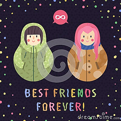 Modern cute and funny cartoon russian dolls (brunette and pink hair). Best friends forever card and background. Vector Illustration