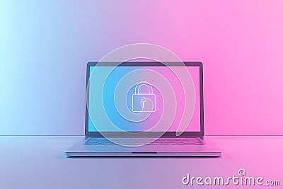 Modern cybersecurity visualization glowing padlock symbol on laptop screen representing data encryption digital security Cartoon Illustration