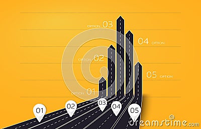 Modern 3D arrow roads map of business and journey infographic with five options for brochure, diagram, workflow, timeline. EPS 10 Vector Illustration