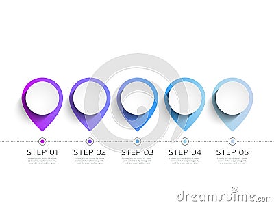 Modern 3D infographic template with 5 steps. Map with pin pointers. Business circle template with options for brochure, diagram, w Vector Illustration