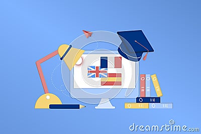 Modern 3D online languages learning class, language courses banner template for website and mobile app development. Literal transl Cartoon Illustration