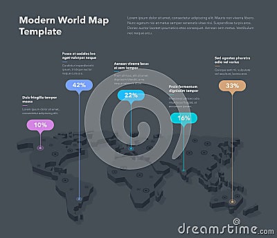 Modern 3d world map infographic template with colorful pointer marks - dark version Vector Illustration