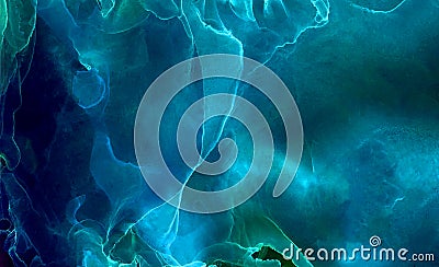 Modern dark blue alcohol ink neon abstract background. Deep glowing flow liquid watercolor paint splash texture effect Cartoon Illustration