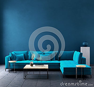 Modern dark blue living room interior with azure color couch,wall mock up Stock Photo