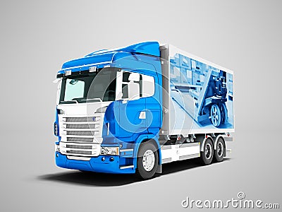 Modern dark blue truck with trailer with white insets for carrying larger load in a trailer 3D render on gray background with Stock Photo