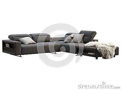 Modern dark gray fabric corner sofa with adjustable backrest and storage. 3d render Stock Photo