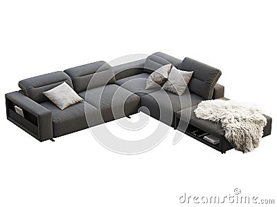 Modern dark gray fabric corner sofa with adjustable backrest and storage. 3d render Stock Photo