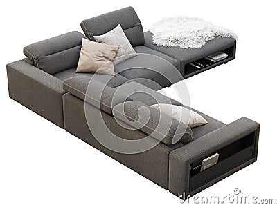 Modern dark gray fabric corner sofa with adjustable backrest and storage. 3d render Stock Photo