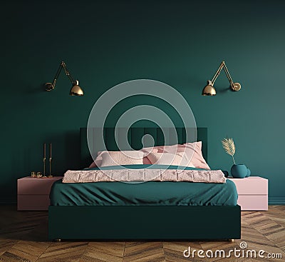 Modern dark green bedroom interior Stock Photo