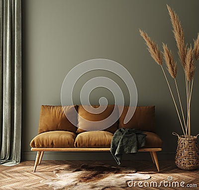 Modern dark green home interior with brown couch and pampas in wicker basket Stock Photo