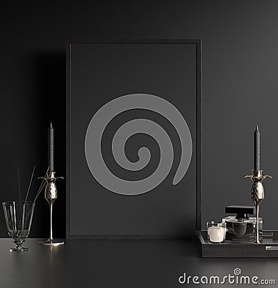 Modern dark interior with black picture frame Stock Photo