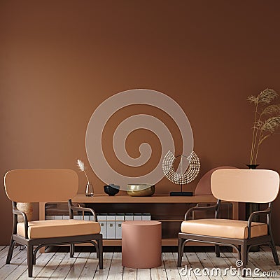 Modern dark interior with commode, chair and decor in terracotta colors Stock Photo
