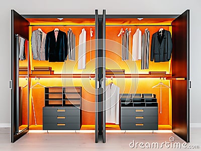 Modern dark orange wooden and metal wardrobe with men clothes hanging on rail in walk in closet design interior Stock Photo