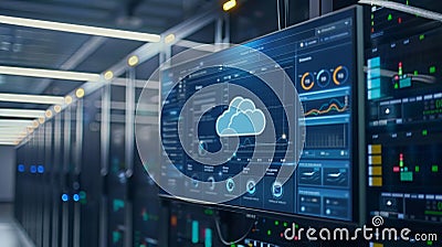 A modern data center with a detailed and vibrant server monitoring dashboard displaying performance metrics, system health Stock Photo