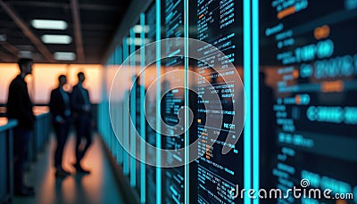 Modern data center with digital displays showing algorithms optimizing processes during evening. Tech staff watches processes in Stock Photo