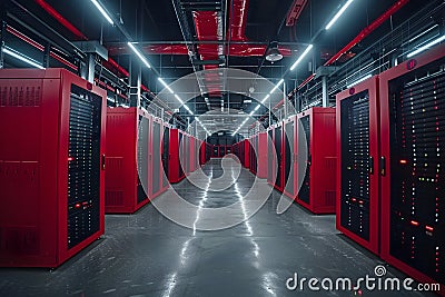 Modern Data Center with Red Server Racks in High-Tech Facility Generative AI Stock Photo