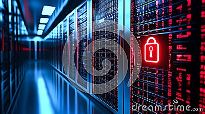 A modern data center with illuminated server racks and a prominent red lock symbolizing data security and protection Stock Photo