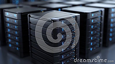 Modern data center with multiple server racks. High-performance computing, data storage, and cybersecurity infrastructure Stock Photo