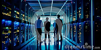 A modern data center with racks of servers, cooling systems, and technicians managing the digital infrastructure that Stock Photo