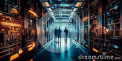 A modern data center with racks of servers, cooling systems, and technicians managing the digital infrastructure that Stock Photo