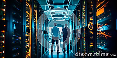 A modern data center with racks of servers, cooling systems, and technicians managing the digital infrastructure that Stock Photo