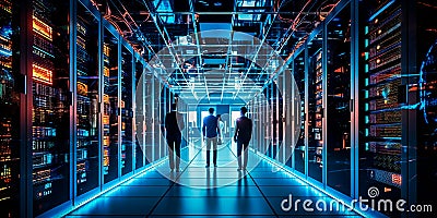A modern data center with racks of servers, cooling systems, and technicians managing the digital infrastructure that Stock Photo