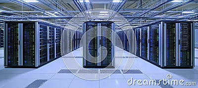 Modern Data Center With Rows of Server Racks, Network Hardware, and Advanced Technology Stock Photo