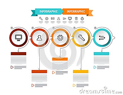 Modern Data Flow Chart. Circle Presentation Concept with Labels and Icons. Web Infographic Design. Five Steps Infographics Vector Illustration