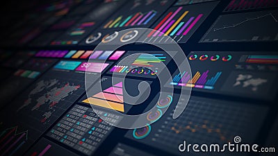 Modern data panels display various interactive charts, graphs, and analytics on a dark interface, ideal for business, Stock Photo
