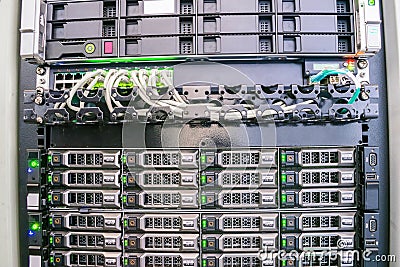 Modern database servers are connected to the switch in the server room rack. Hosting of popular portals is in the data center. The Stock Photo