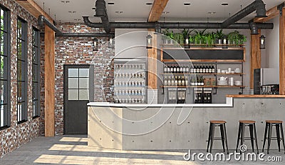 Modern design of the bar in loft style. 3D visualization of the interior of a cafe with a bar counter. Stock Photo