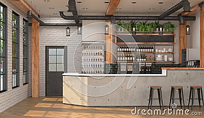 Modern design of the bar in loft style. 3D visualization of the interior of a cafe with a bar counter. Stock Photo