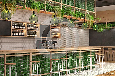 Modern design of the bar in loft style with green colors. 3D visualization of the interior of a cafe with a bar counter. Blurred Stock Photo