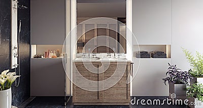 Modern design of bathroom with wooden vanity in the middle Stock Photo