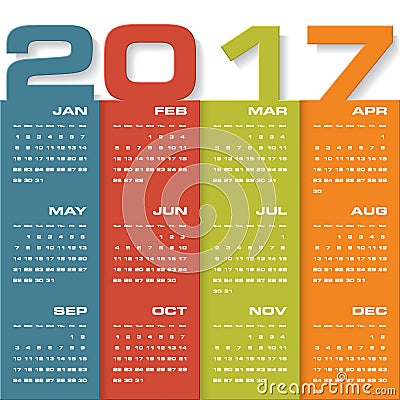 Modern design calendar 2017 year vector design template.12 mounts from January-December 2017. Vector Illustration