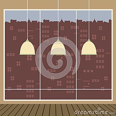 Modern Design Ceiling Lamps With Wide Glass Window Vector Illustration