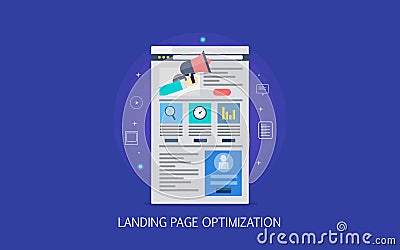 Flat design concept of landing page optimization, user friendly website development, digital marketing. Vector Illustration