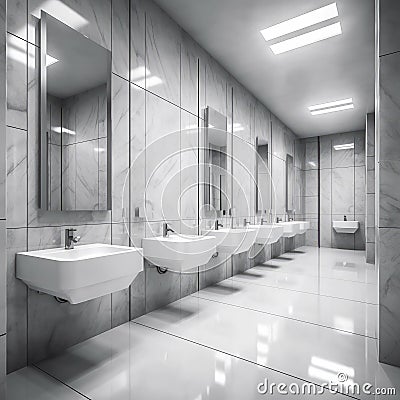 Modern design,Contemporary Interior of bathroom with sink basin faucet lined up and public toilet urinals, Construction and Stock Photo