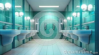 Modern design,Contemporary Interior of bathroom with sink basin faucet lined up and public toilet urinals, Construction and Stock Photo