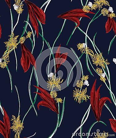 Modern Design for Fashion, Seamlees Hand Drawn Flowers with Leaves on Dark Blue. Stock Photo