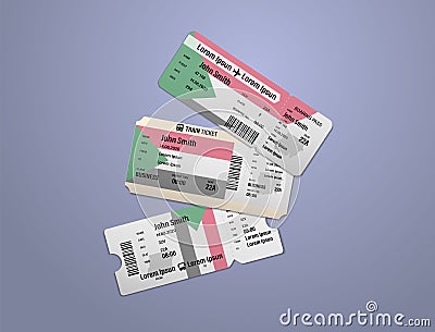 Modern design of Sudan airline, bus and train travel boarding pass. Three tickets of Sudan painted in flag color. Vector Cartoon Illustration