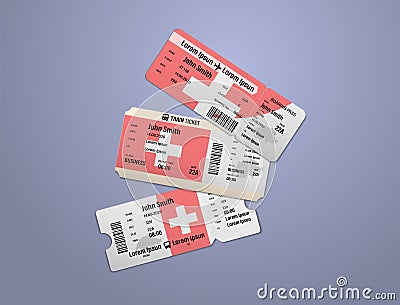 Modern design of Switzerland airline, bus and train travel boarding pass. Three tickets of Switzerland painted in flag color. Cartoon Illustration