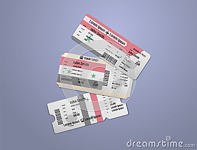 Modern design of Syria airline, bus and train travel boarding pass. Three tickets of Syria painted in flag color. Vector Cartoon Illustration